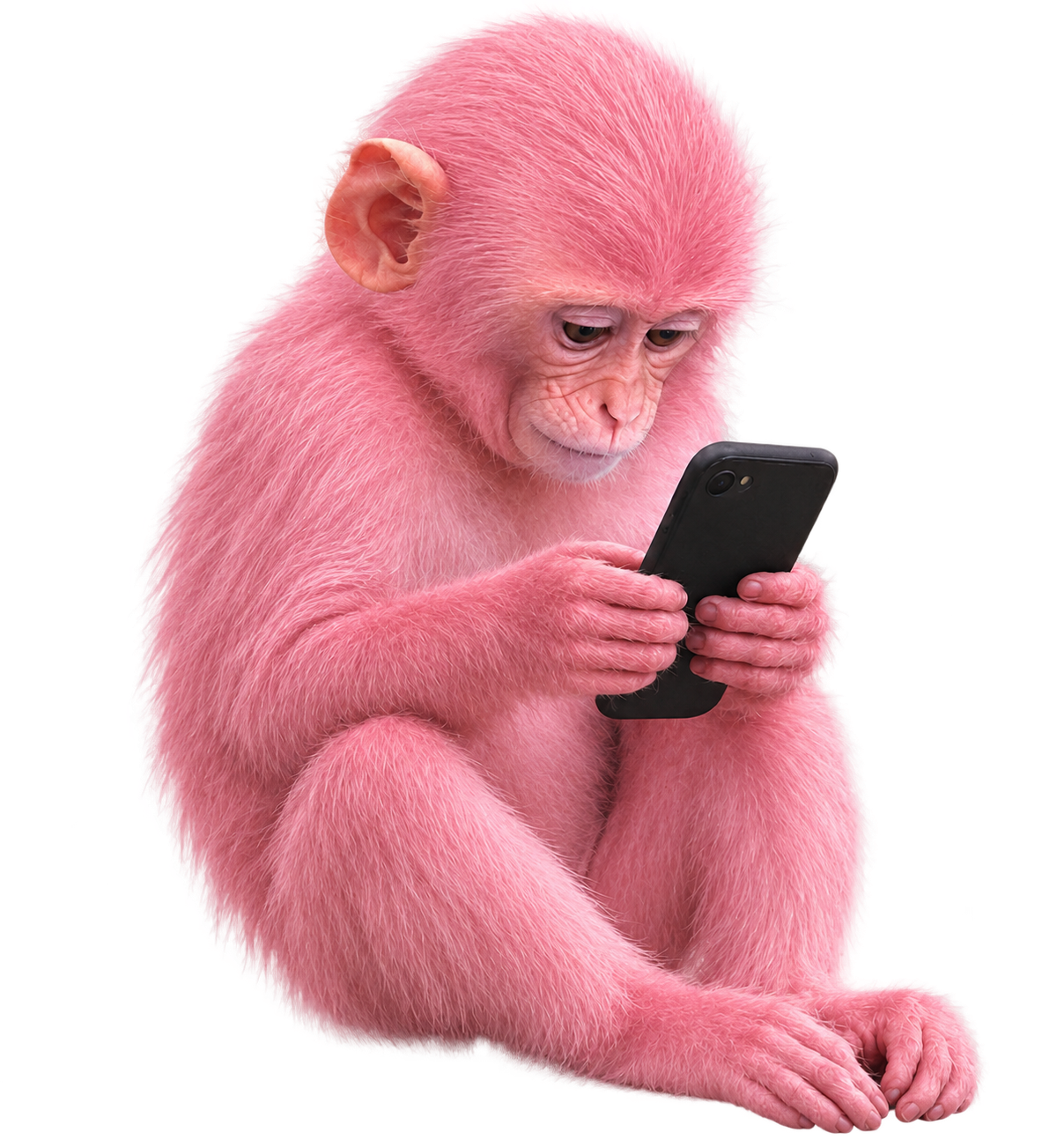 Pink ape looking at a phone